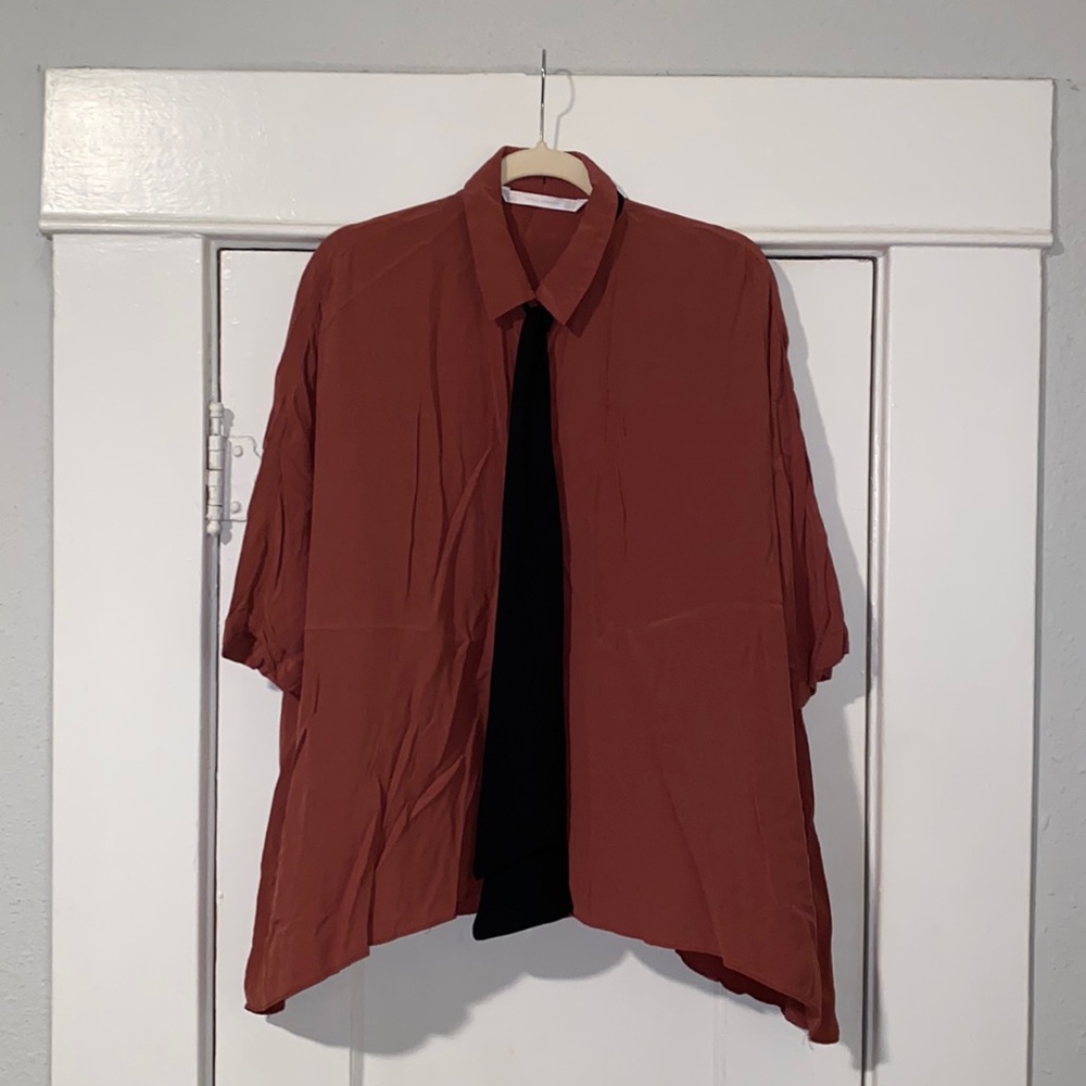 Rust Colored Zara Tie Neck Button Down Blouse